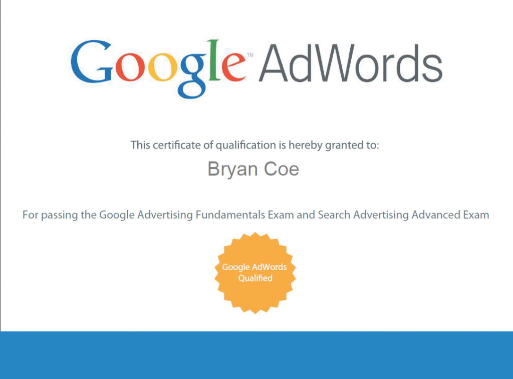 Bryan Coe Google AdWords Qualified Individual Certification