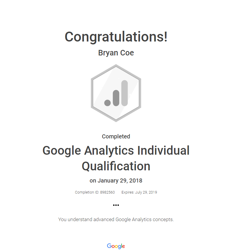Bryan Coe Google Analytics Certification